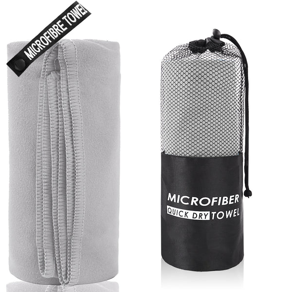 2-Piece Light Grey Quick-Dry Microfiber Sports Towel with Travel Case - Compact & Absorbent for Gym, Swimming & Camping