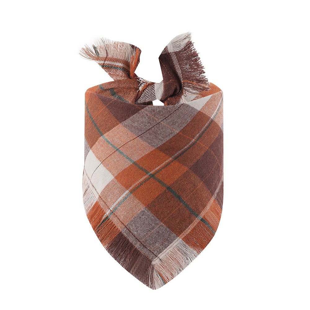 Brown S 55x38x38cm Thanksgiving Plaid Dog Bandana 2-Pack - Festive Tassel Triangle Scarf for Pets