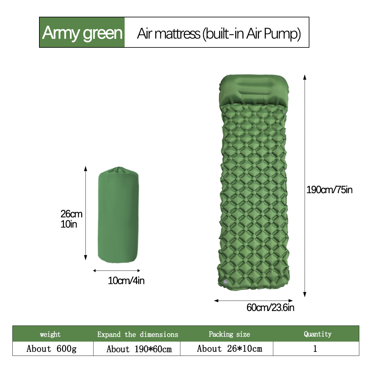 2pc Ultralight Inflatable Camping Sleeping Mat with Integrated Pillow - Waterproof 40D Nylon TPU(Army Green)
