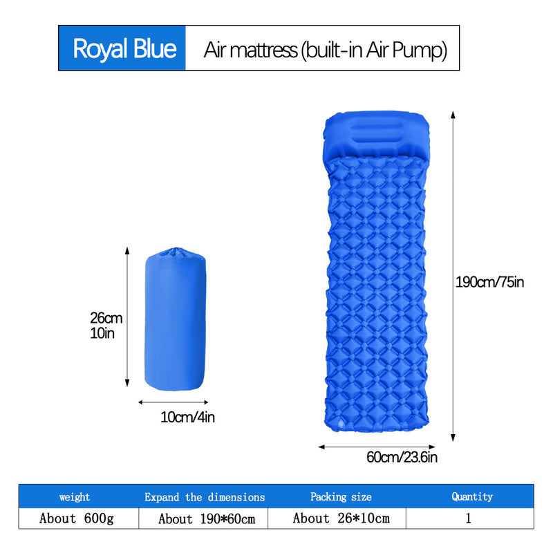 2pc Ultralight Inflatable Camping Sleeping Mat with Integrated Pillow - Waterproof 40D Nylon TPU(Royal Blue)