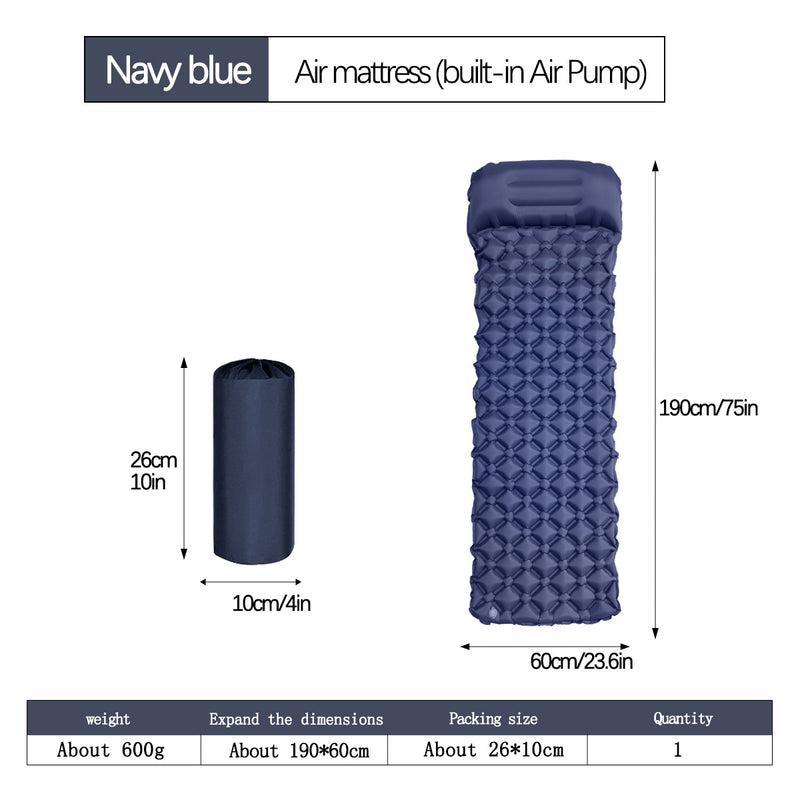 2pc Ultralight Inflatable Camping Sleeping Mat with Integrated Pillow - Waterproof 40D Nylon TPU(Navy Blue)