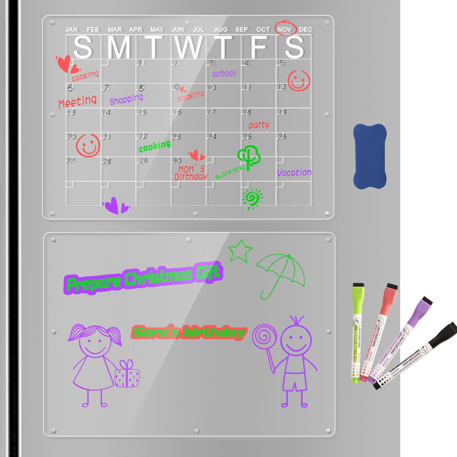Magnetic Acrylic Fridge Calendar & Memo Board Set - Dry Erase Planner with Markers & Eraser(43*30cm 3mm)