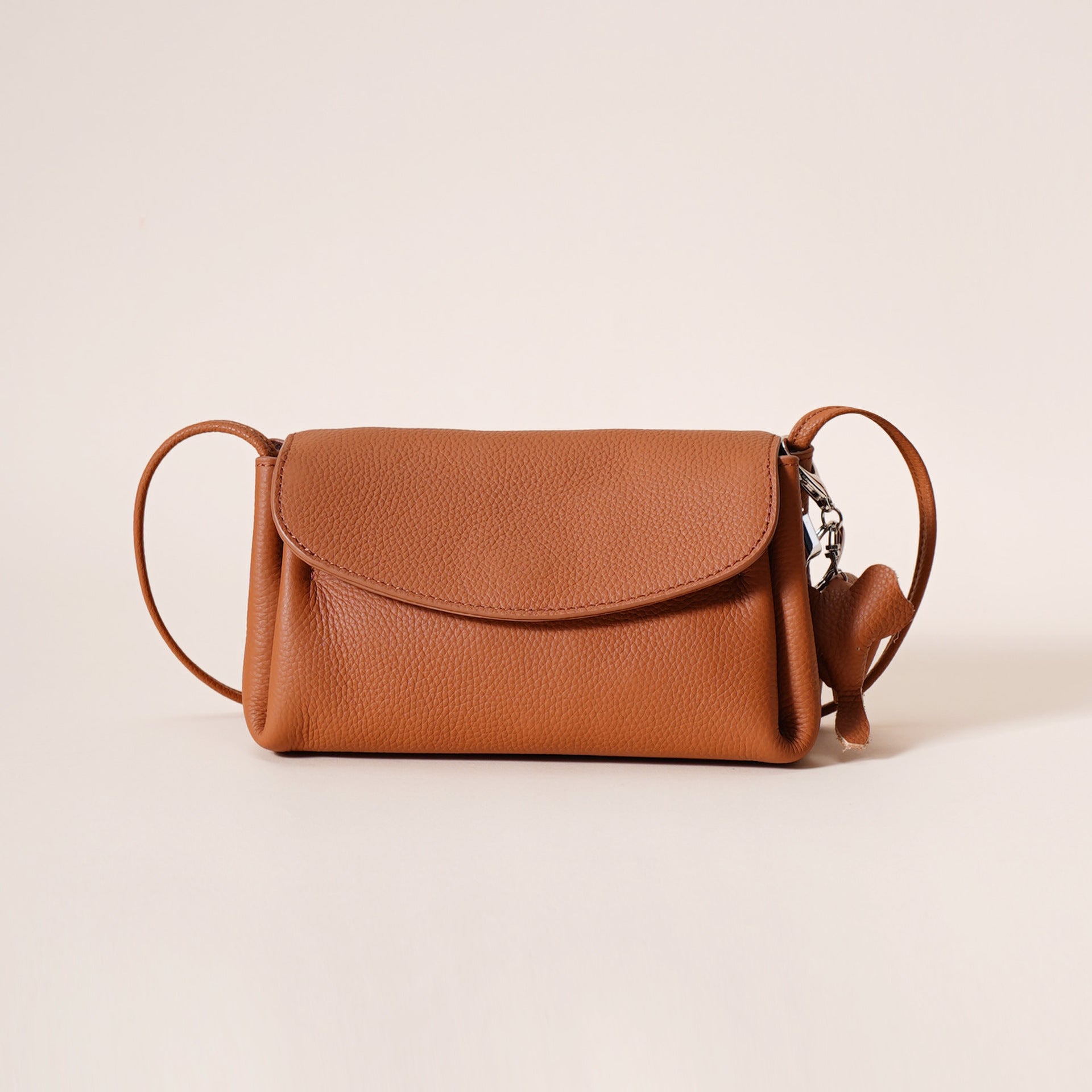 Genuine Leather Flap Crossbody Bag with Elephant Charm - Compact & Stylish Shoulder Purse(Golden brown)