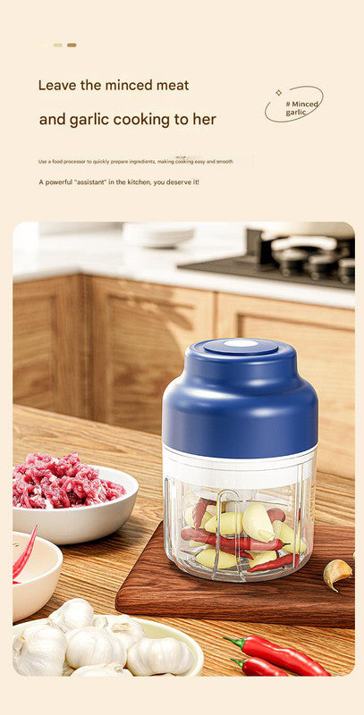 Powerful Mini Electric Food Chopper - USB Rechargeable Cordless Garlic & Meat Mincer(Blue 250ml + 4-blade knife)