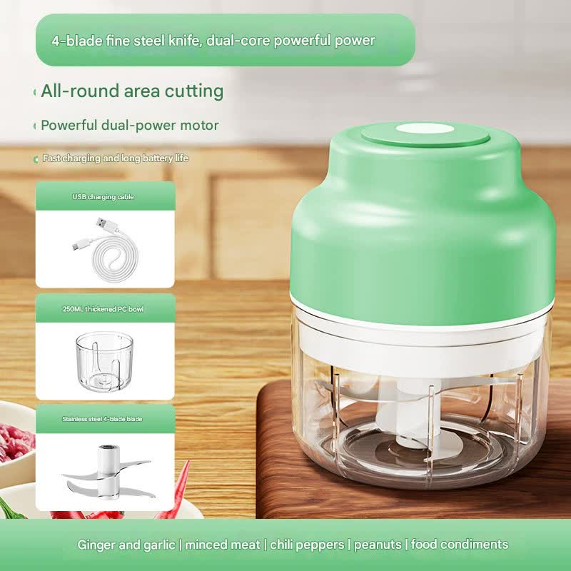 Powerful Mini Electric Food Chopper - USB Rechargeable Cordless Garlic & Meat Mincer(green 250ml + 4-blade knife)