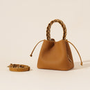 Genuine Leather Mini Bucket Bag with Braided Handle - Chic Drawstring Crossbody Purse(Biscuit)