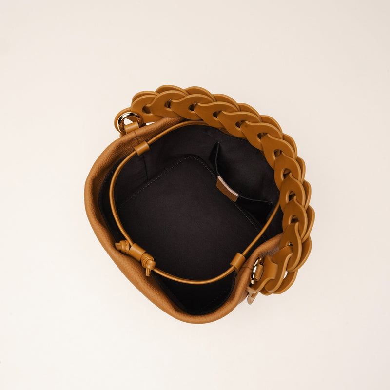 Genuine Leather Mini Bucket Bag with Braided Handle - Chic Drawstring Crossbody Purse(Biscuit)