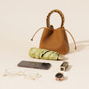 Genuine Leather Mini Bucket Bag with Braided Handle - Chic Drawstring Crossbody Purse(Gray)
