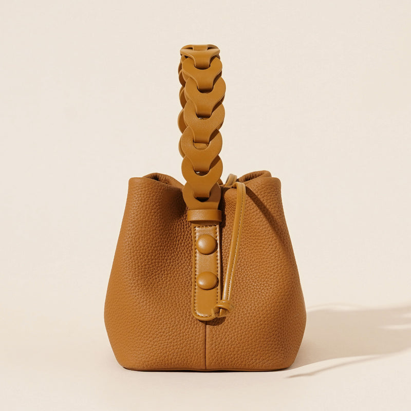 Genuine Leather Mini Bucket Bag with Braided Handle - Chic Drawstring Crossbody Purse(Black)