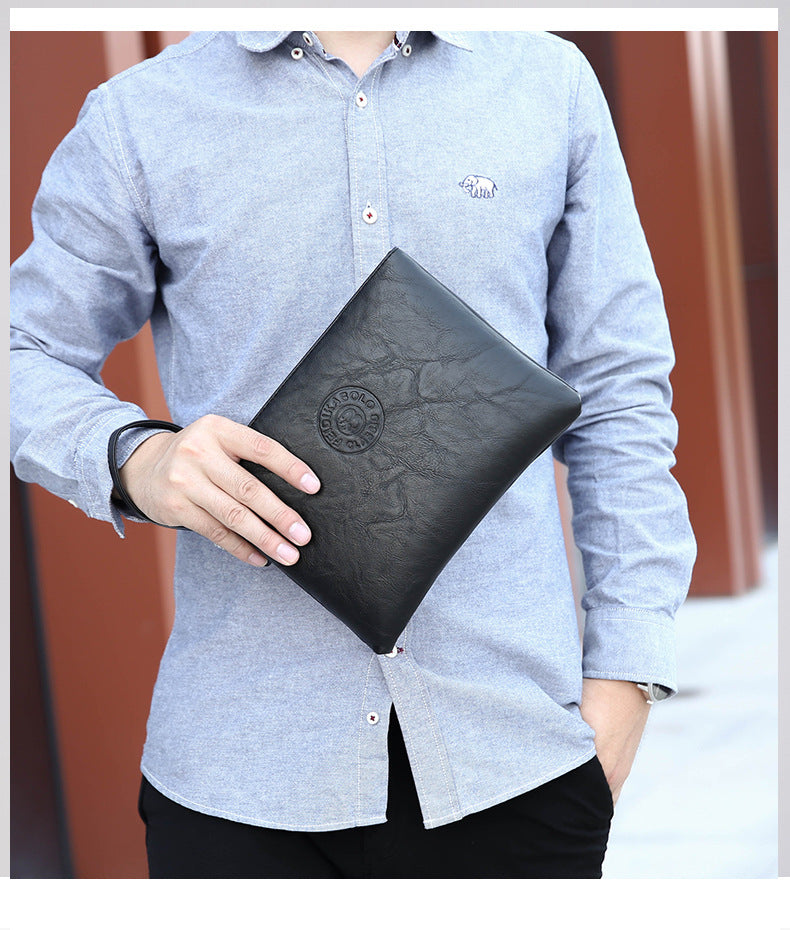 Brown Classic Men's PU Leather Clutch Bag - Slim Business Wristlet & Travel Pouch