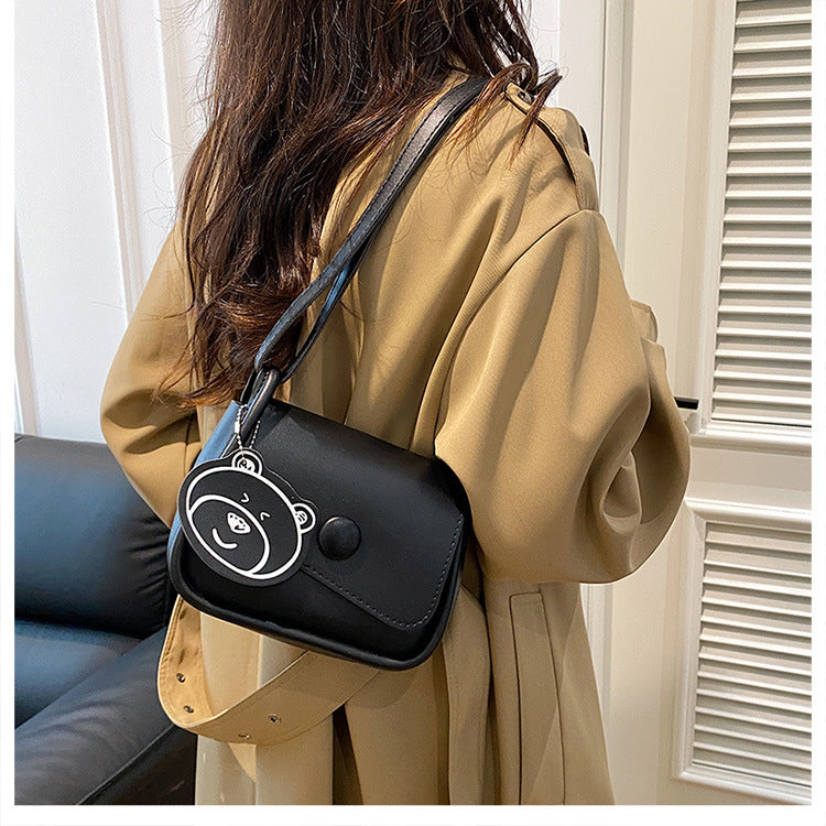 Black Chic PU Leather Crossbody Bag with Cute Bear Charm - Adjustable Strap Shoulder Purse