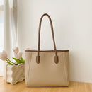 Khaki and Brown Chic Large Capacity Tote Bag - PU Leather Commuter Shoulder Handbag for Women