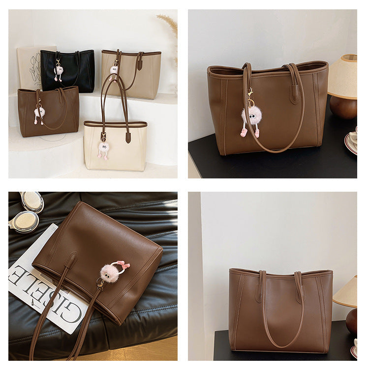 Khaki and Brown Chic Large Capacity Tote Bag - PU Leather Commuter Shoulder Handbag for Women