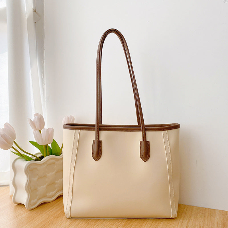Beige and Brown Chic Large Capacity Tote Bag - PU Leather Commuter Shoulder Handbag for Women
