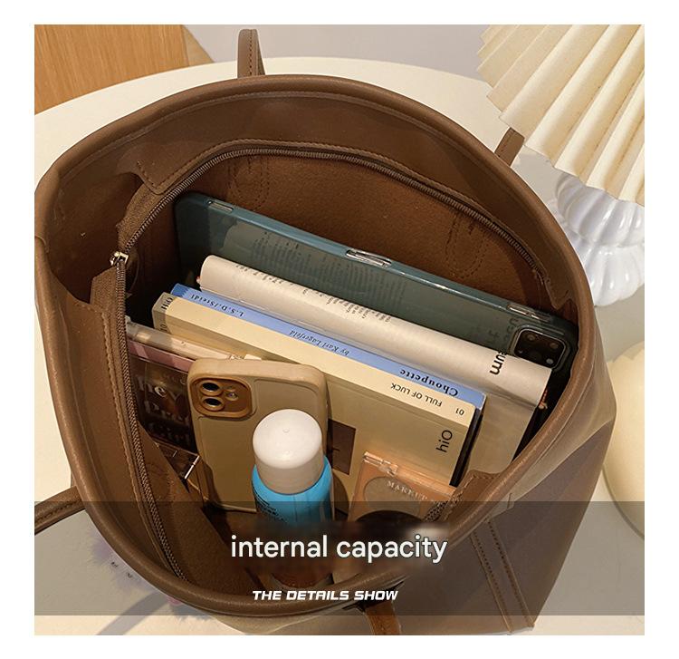 Beige and Brown Chic Large Capacity Tote Bag - PU Leather Commuter Shoulder Handbag for Women