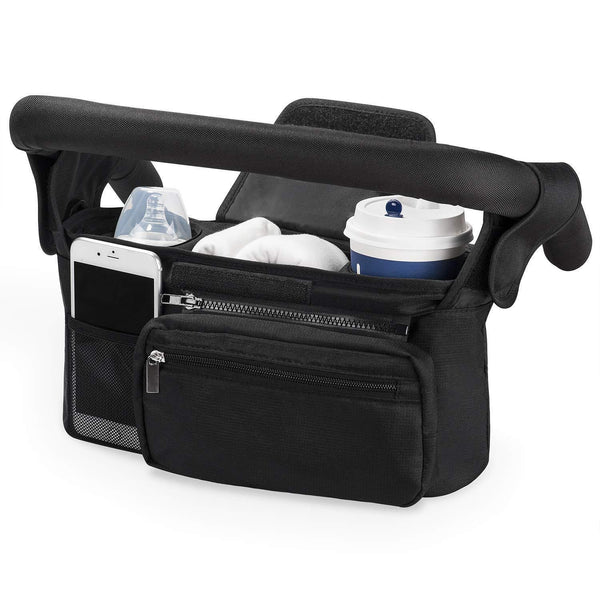 Black Universal Stroller Organiser Caddy with Insulated Cup Holders and Detachable Wristlet