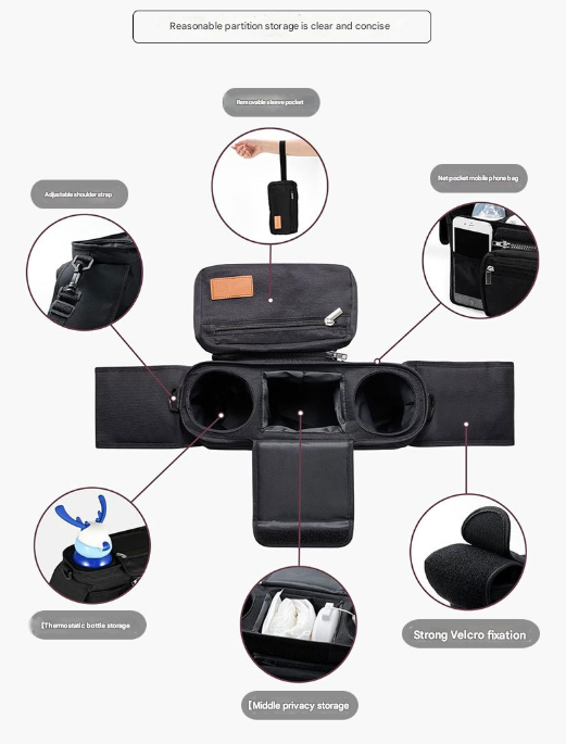 Grey Universal Stroller Organiser Caddy with Insulated Cup Holders and Detachable Wristlet