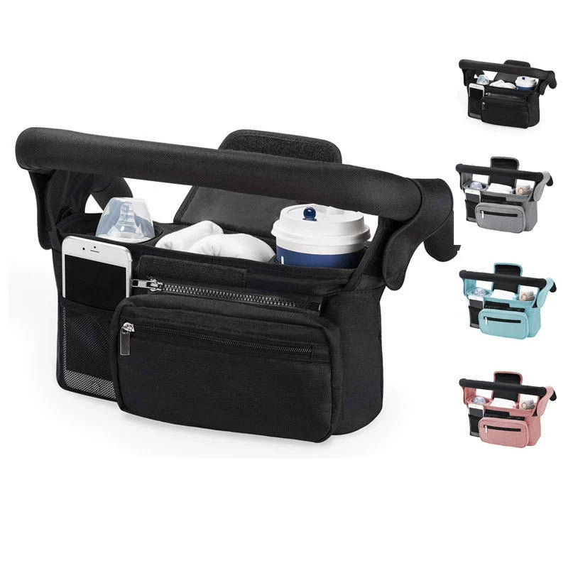 Pink Universal Stroller Organiser Caddy with Insulated Cup Holders and Detachable Wristlet