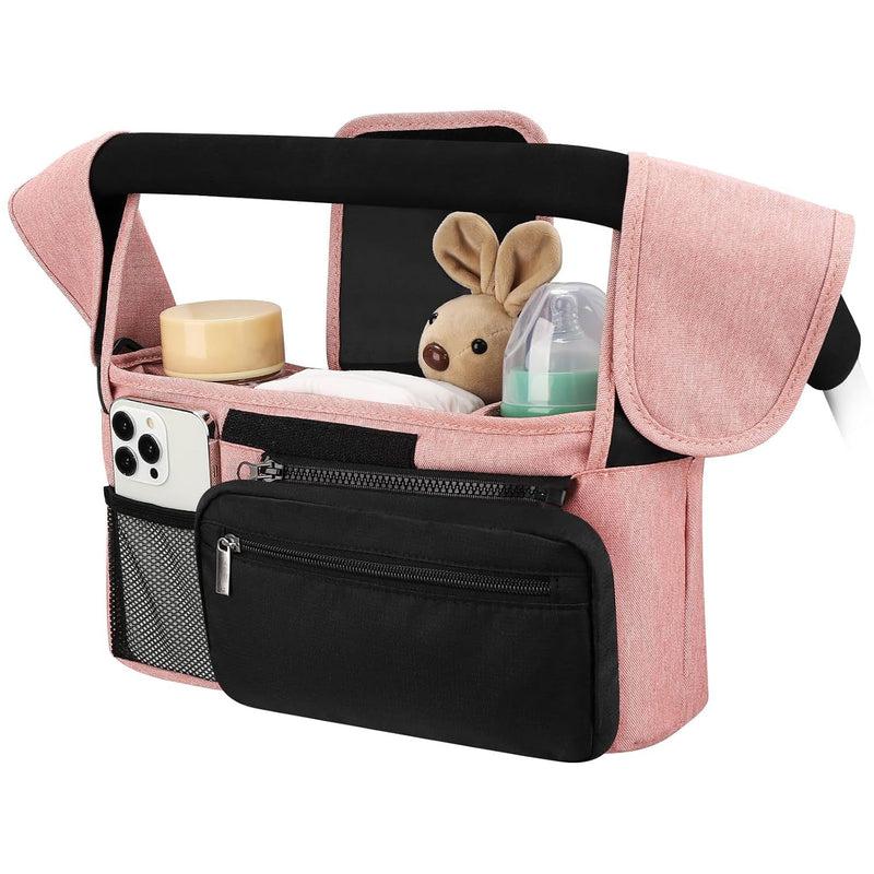 Pink and Black Stitching Universal Stroller Organiser Caddy with Insulated Cup Holders and Detachable Wristlet