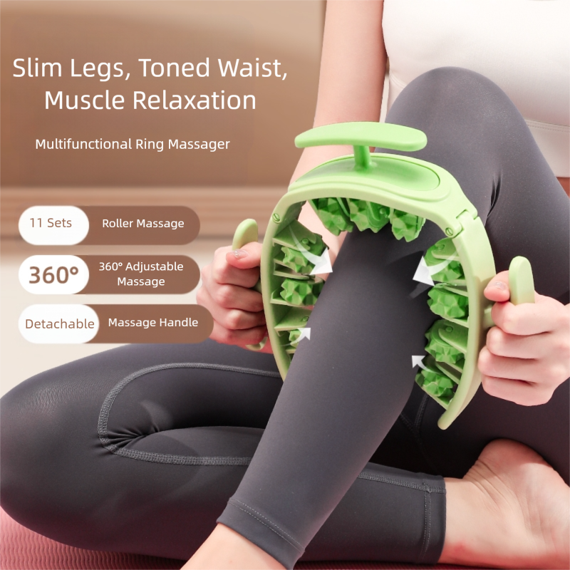 Green and White Removable Adjustable Wrap-Around Muscle Roller - 11-Wheel Deep Tissue Massager for Legs, Arms & Body