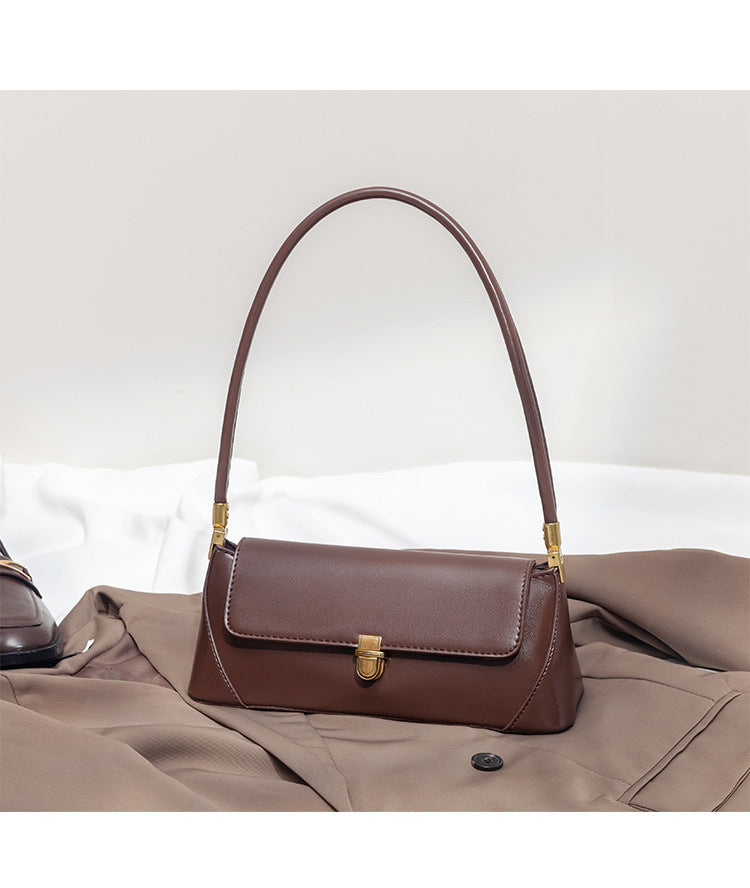 Brown Elegant Vintage Baguette Shoulder Bag - Chic PU Leather Underarm Purse with Gold Clasp