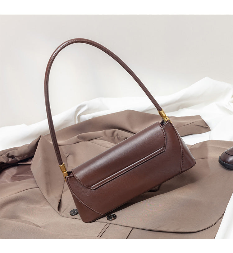 Brown Elegant Vintage Baguette Shoulder Bag - Chic PU Leather Underarm Purse with Gold Clasp