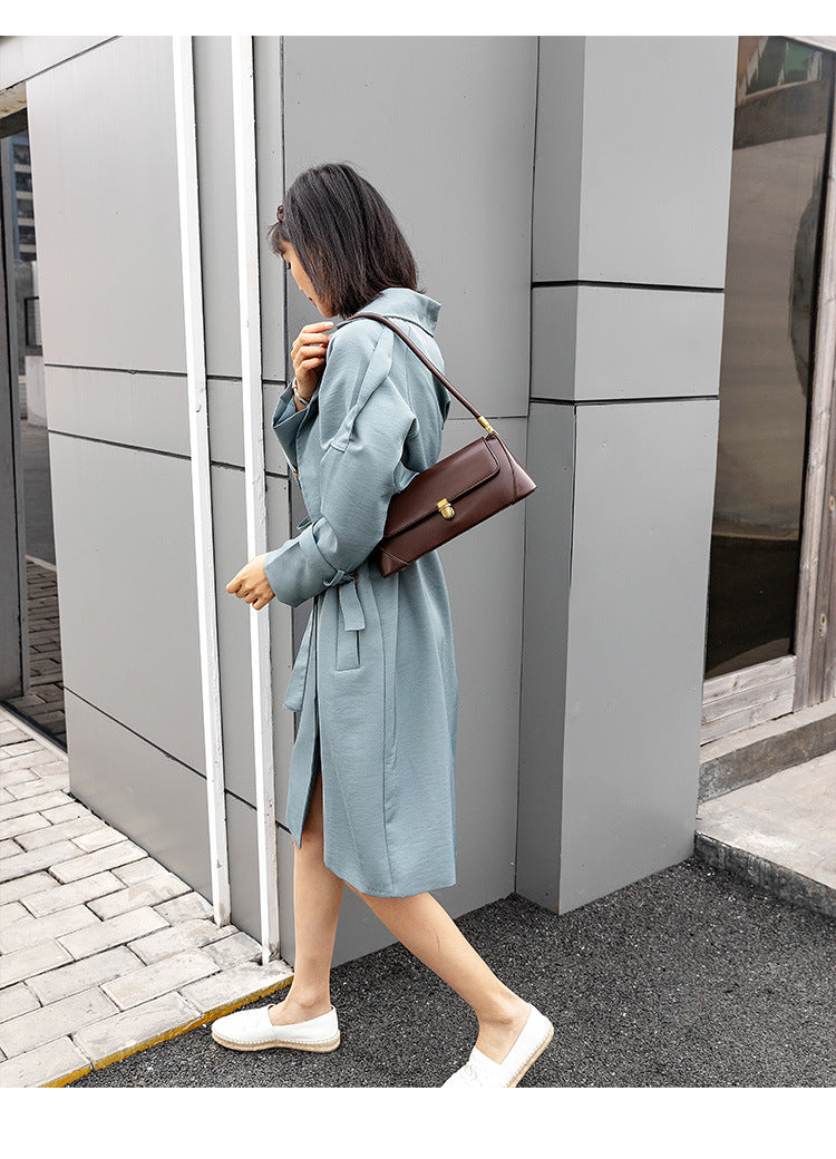 Brown Elegant Vintage Baguette Shoulder Bag - Chic PU Leather Underarm Purse with Gold Clasp