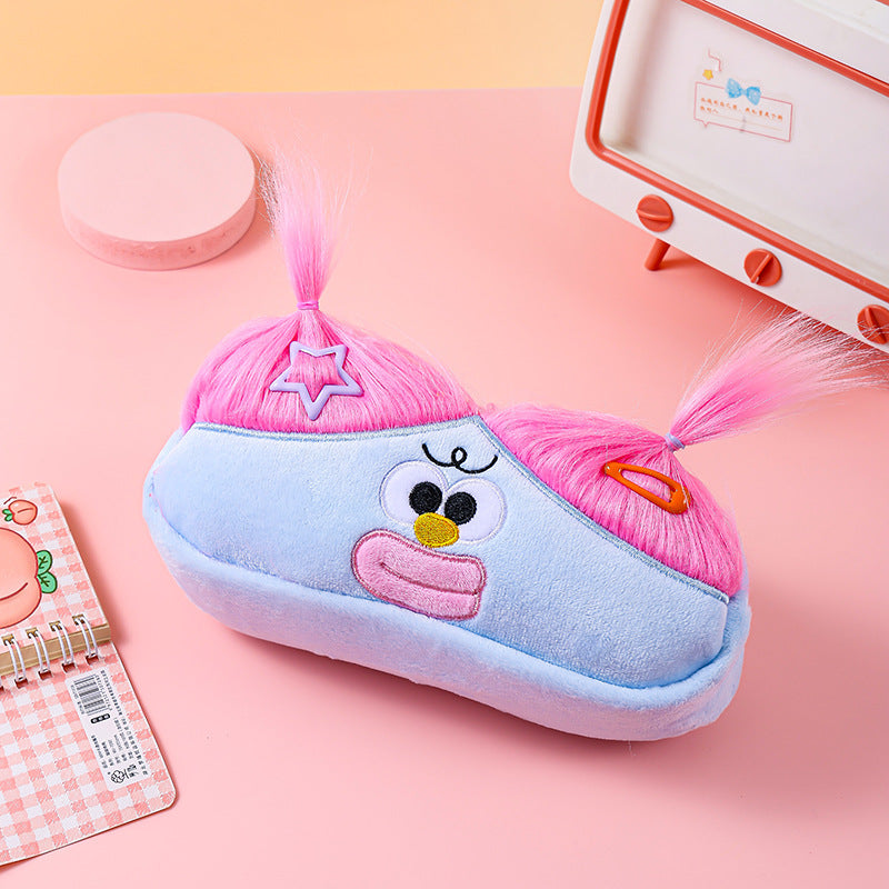 Blue and Pink Hair Cute Plush Monster Pencil Case - Fluffy Stationery Pouch with DIY Styleable Hair for Kids