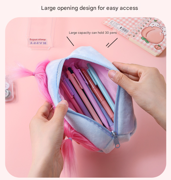 Blue and Pink Hair Cute Plush Monster Pencil Case - Fluffy Stationery Pouch with DIY Styleable Hair for Kids