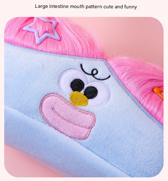 Blue and Pink Hair Cute Plush Monster Pencil Case - Fluffy Stationery Pouch with DIY Styleable Hair for Kids