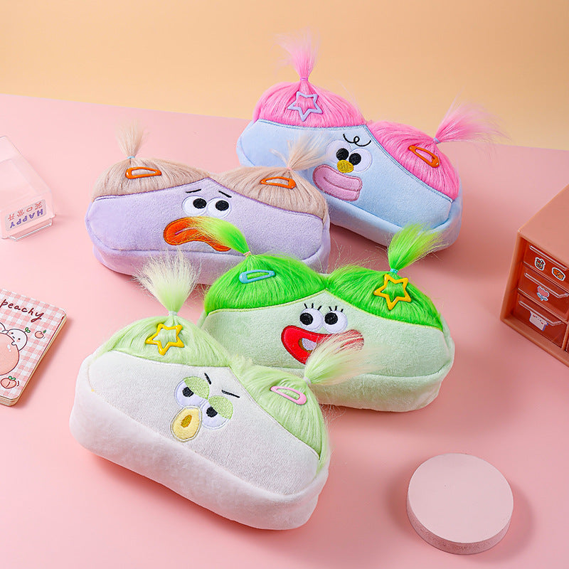 Beige and Light Green Hair Cute Plush Monster Pencil Case - Fluffy Stationery Pouch with DIY Styleable Hair for Kids