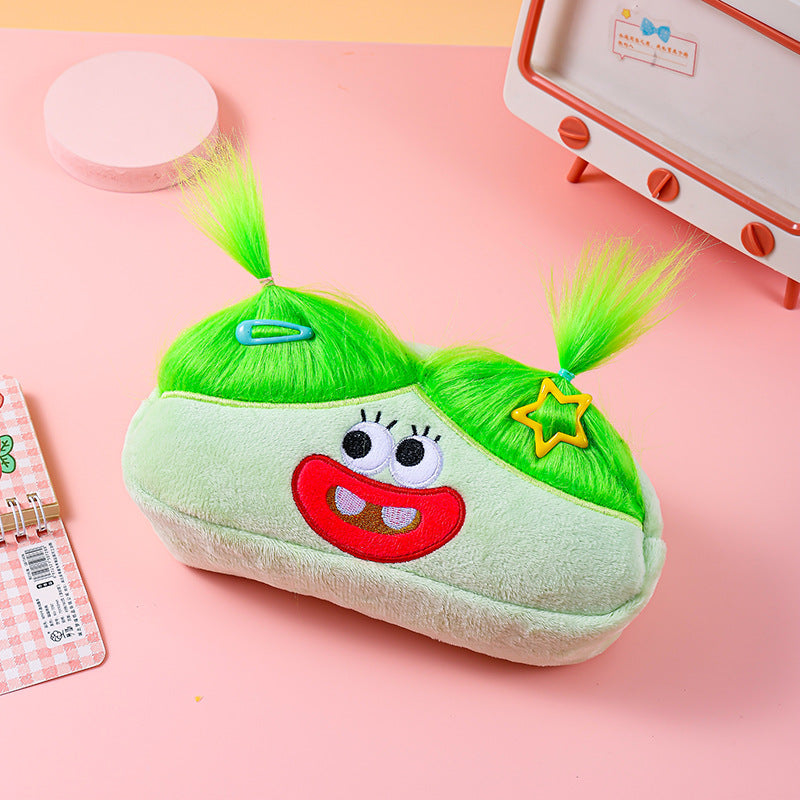 Light Green and Green Hair Cute Plush Monster Pencil Case - Fluffy Stationery Pouch with DIY Styleable Hair for Kids