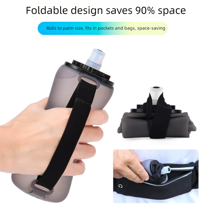 Black Collapsible Handheld Running Flask - 350ml Lightweight Silicone Water Bottle with Bite Valve