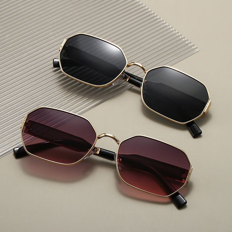Gold Frame and Black Grey Lenses Modern Retro Geometric Sunglasses - Chic Metal Frame with UV400 Lenses and Black PU Leather Protective Case