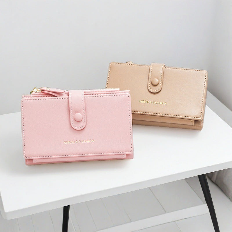 Light Brown Compact Bifold Wallet for Women - High Capacity PU Leather Purse with Zipper Coin Pocket