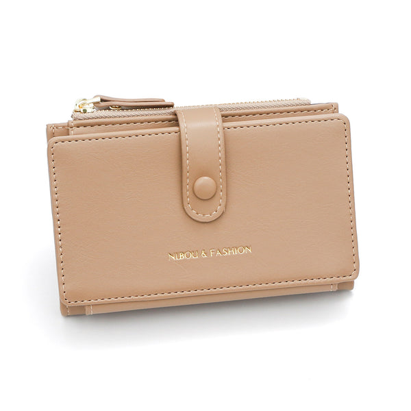 Khaki Compact Bifold Wallet for Women - High Capacity PU Leather Purse with Zipper Coin Pocket