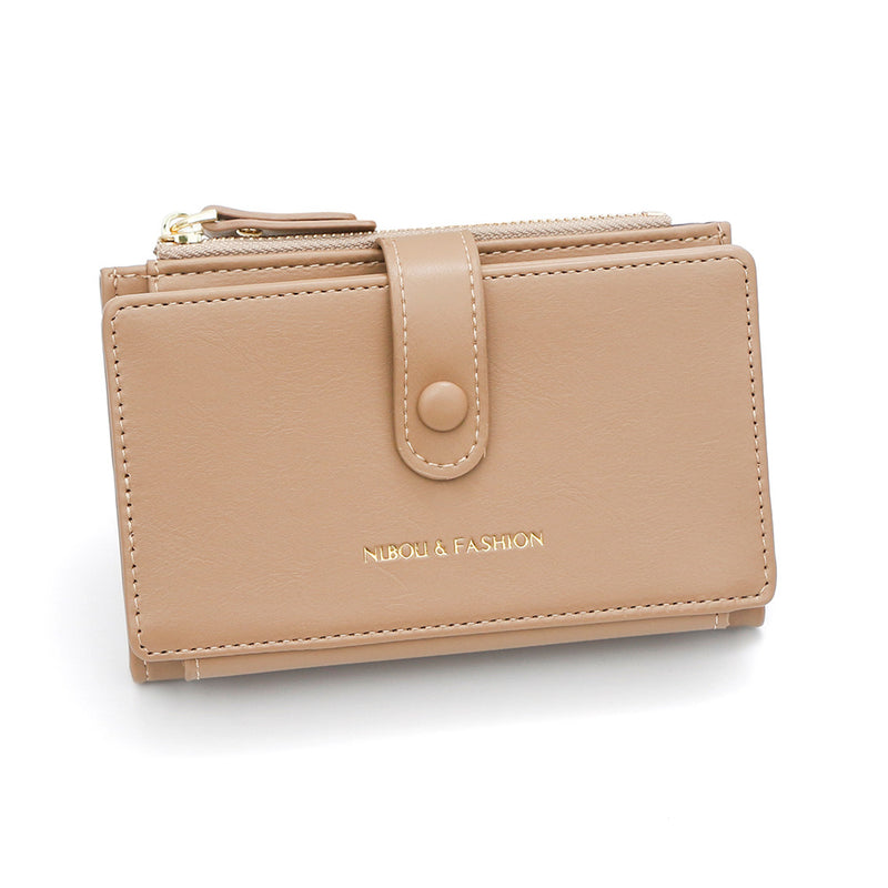 Khaki Compact Bifold Wallet for Women - High Capacity PU Leather Purse with Zipper Coin Pocket
