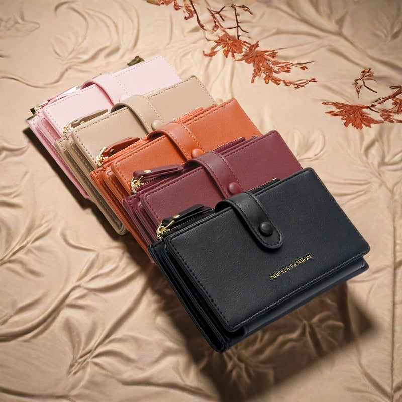 Khaki Compact Bifold Wallet for Women - High Capacity PU Leather Purse with Zipper Coin Pocket