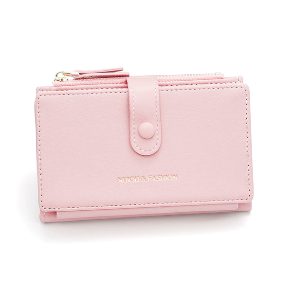 Pink Compact Bifold Wallet for Women - High Capacity PU Leather Purse with Zipper Coin Pocket