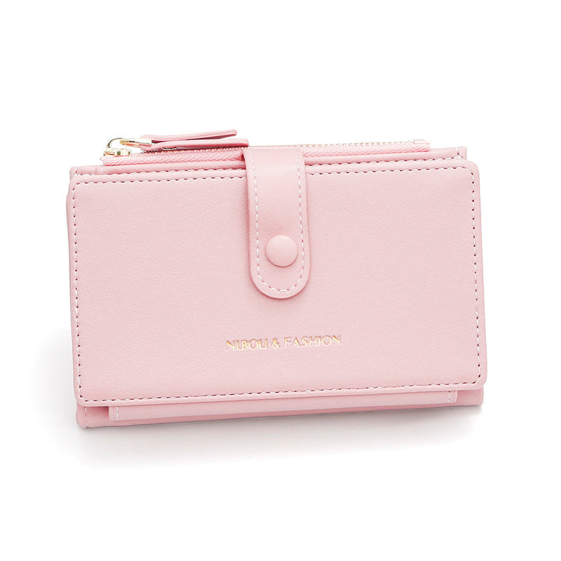 Pink Compact Bifold Wallet for Women - High Capacity PU Leather Purse with Zipper Coin Pocket