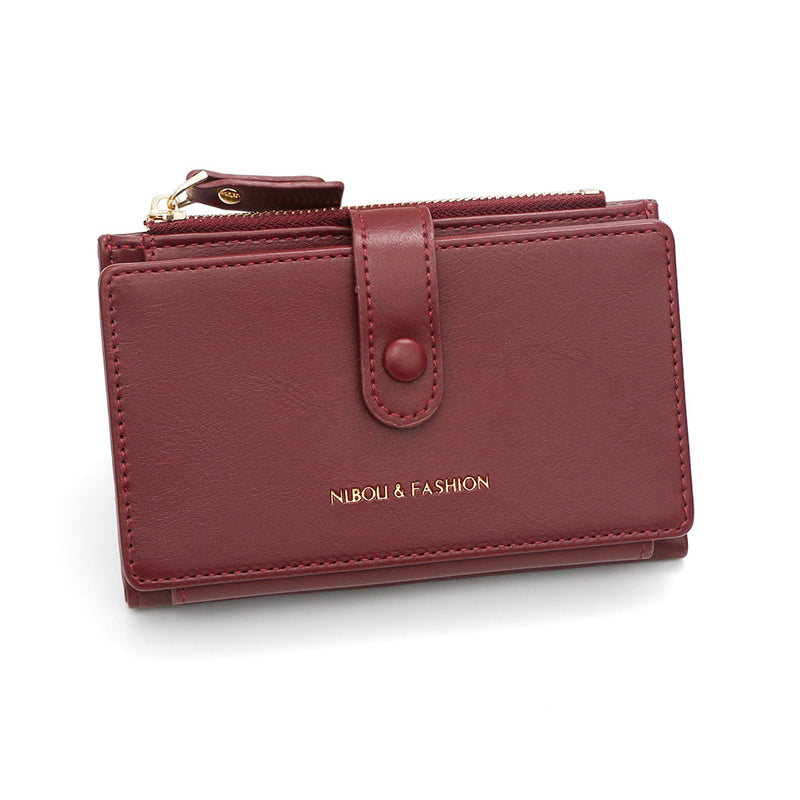 Dark Red Compact Bifold Wallet for Women - High Capacity PU Leather Purse with Zipper Coin Pocket