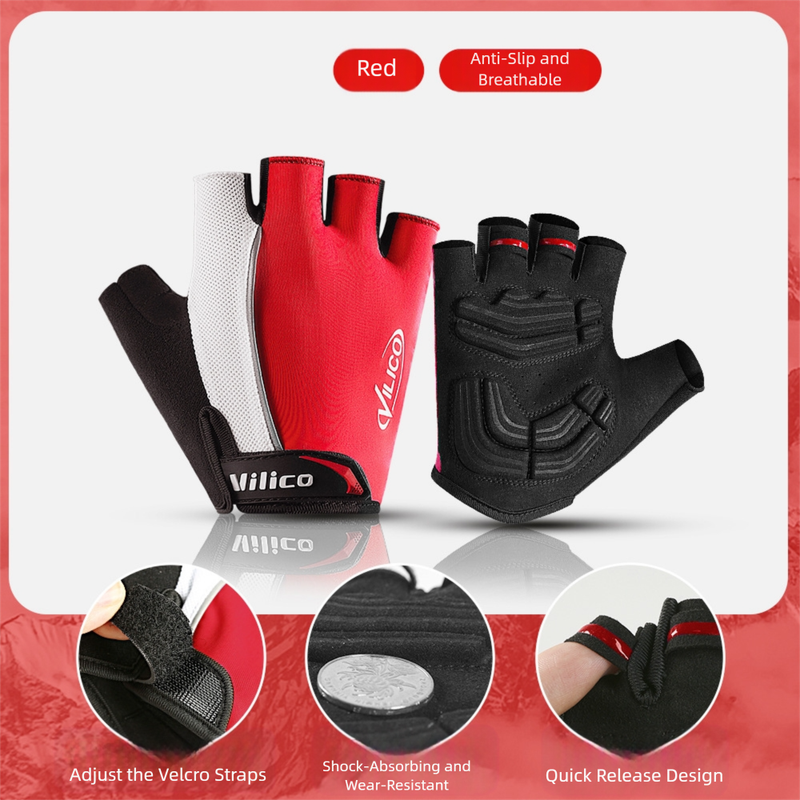 Size M Red Padded Half-Finger Cycling Gloves - Breathable Shock-Absorbing Workout Gloves for Gym & Fitness