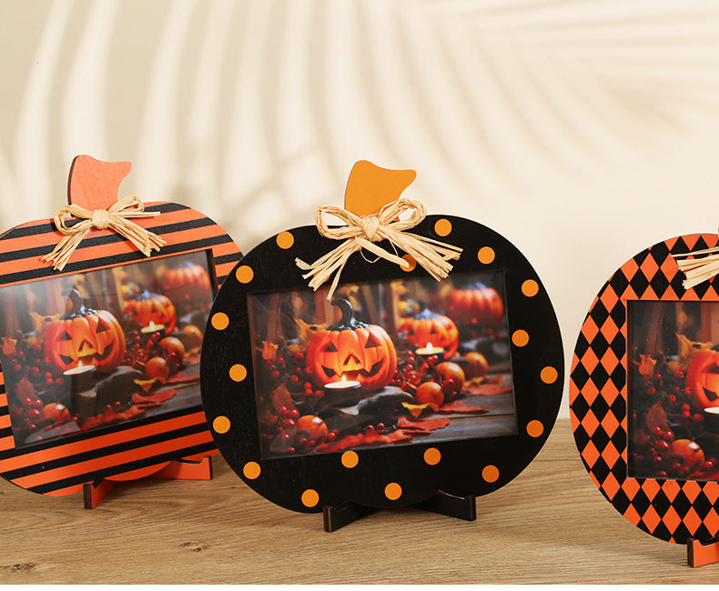 Black and Orange Plaid Pattern Festive Pumpkin Photo Frame - Rustic Halloween Tabletop Picture Holder