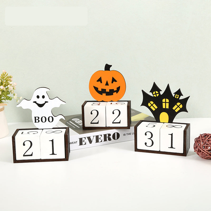 White Ghost Shape Festive Halloween Countdown Blocks - Reusable Wooden Perpetual Calendar for Desk Decor