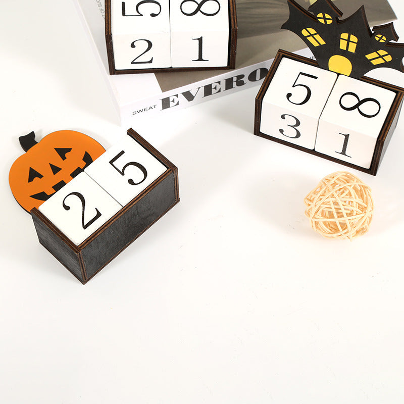 White Ghost Shape Festive Halloween Countdown Blocks - Reusable Wooden Perpetual Calendar for Desk Decor