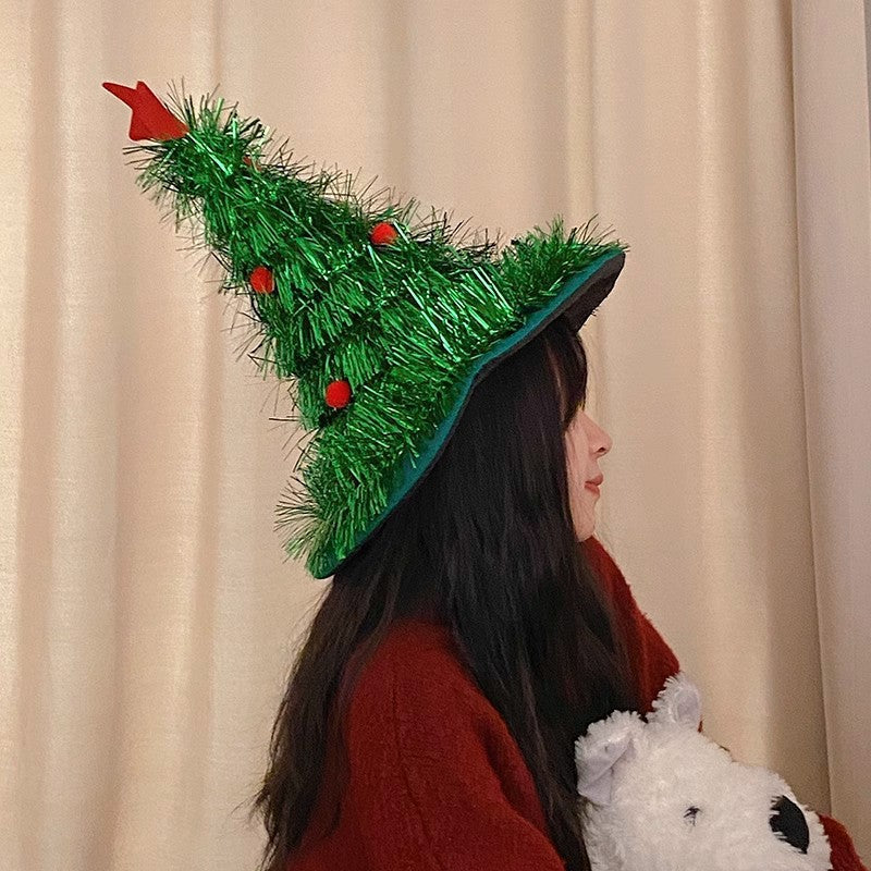 Green Sparkly Tinsel Christmas Tree Hat - Festive Holiday Party Headwear for Adults & Kids