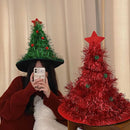 Green Sparkly Tinsel Christmas Tree Hat - Festive Holiday Party Headwear for Adults & Kids