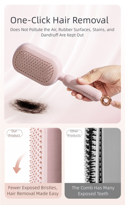 Pink Innovative Self-Cleaning Cushion Hairbrush - Retractable Bristle Detangling & Scalp Massager