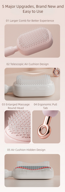 Pink Innovative Self-Cleaning Cushion Hairbrush - Retractable Bristle Detangling & Scalp Massager