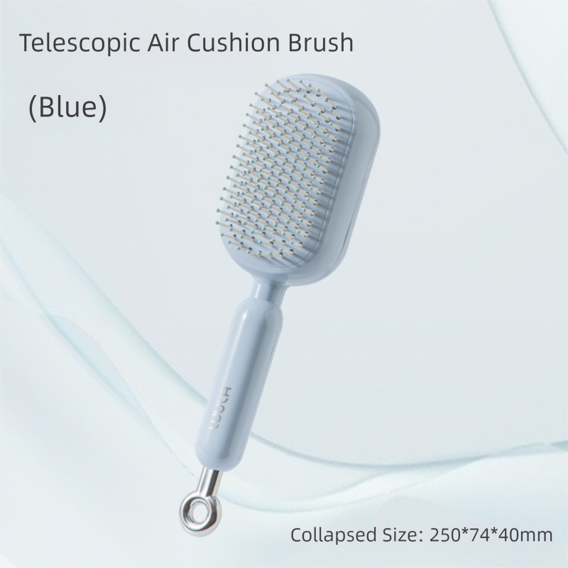 Blue Innovative Self-Cleaning Cushion Hairbrush - Retractable Bristle Detangling & Scalp Massager